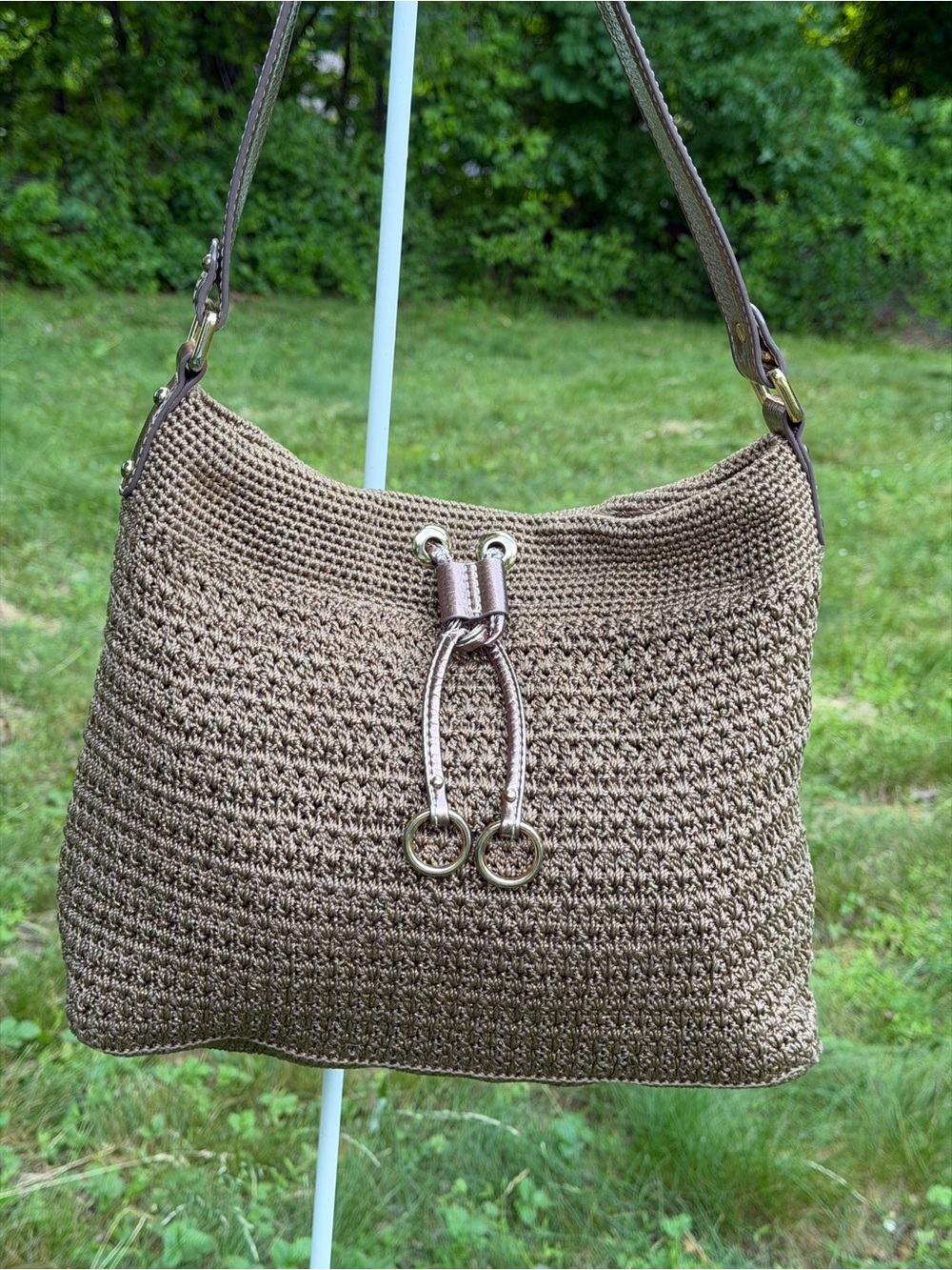 The Sak Metallic Crochet Shoulder Bag Bronze Taupe Large Hobo Purse